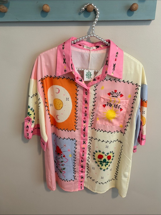 Sunday up Tops - NEW Sunday Up Pink Patchwork Sun & Moon Button-Down Shirt size large